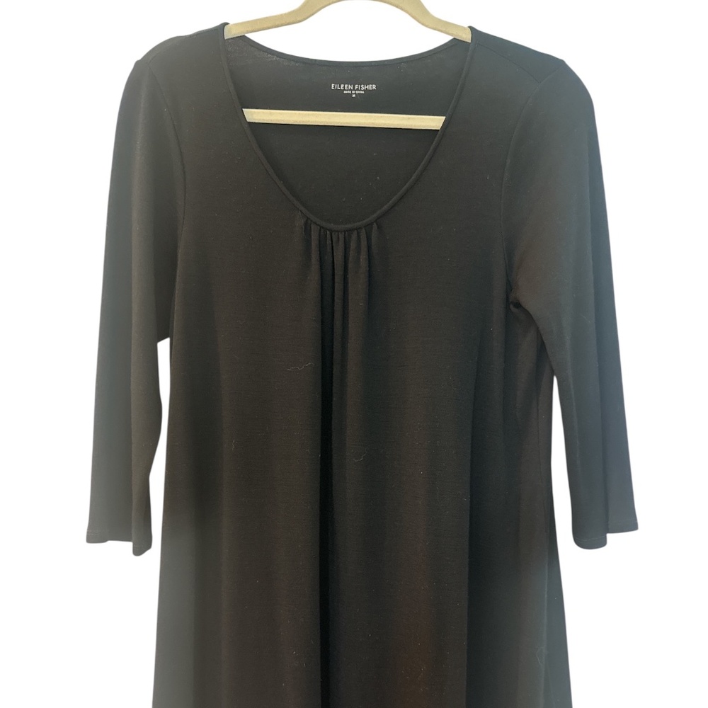 Eileen Fisher Black Tunic Dress 3/4 sleeve Size Medium 100% Wool Luxury‎ Office